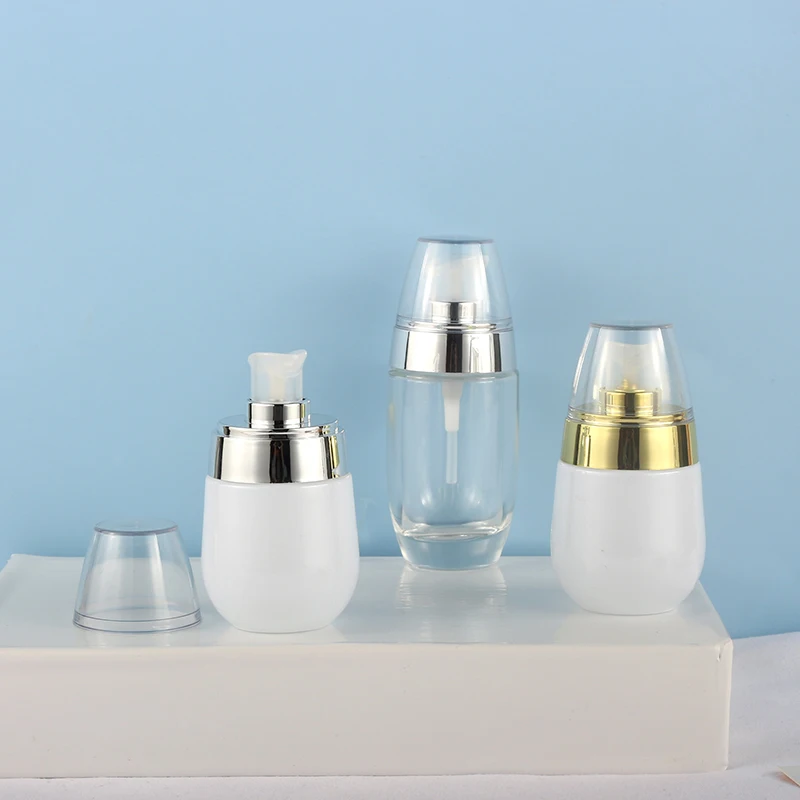 Luxury cosmetic packaging 30ml 50ml pearl white cosmetic serum bottle pump foundation glass bottle