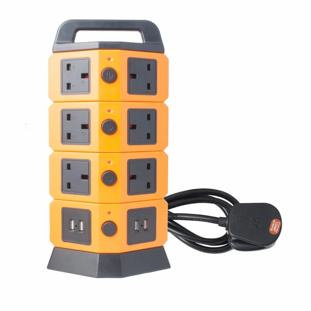 
Tower Power Strip 2500W Smart Socket Surge Protector 10 UK Socket 4 USB Charging Station 6.5ft Extension Cord Orange 
