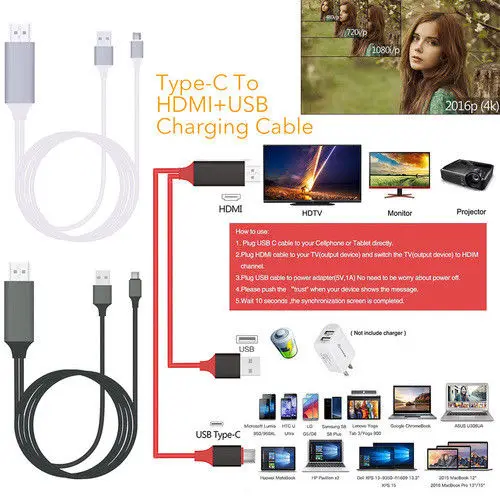 
2017 HOT SALE 2M USB Type-C to HDTV HD-MI 4K UHD Video Cable for Macbook 2015/6/7 Samsung S8 Hp X2 Charging Adapter Cable 