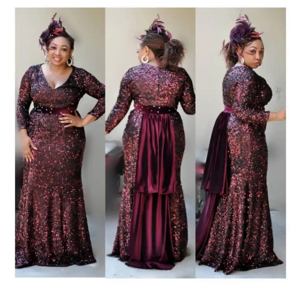 A6054 Africa Europe hot sale V-neck long-sleeved gold velvet sequins floor length long fishtail dress