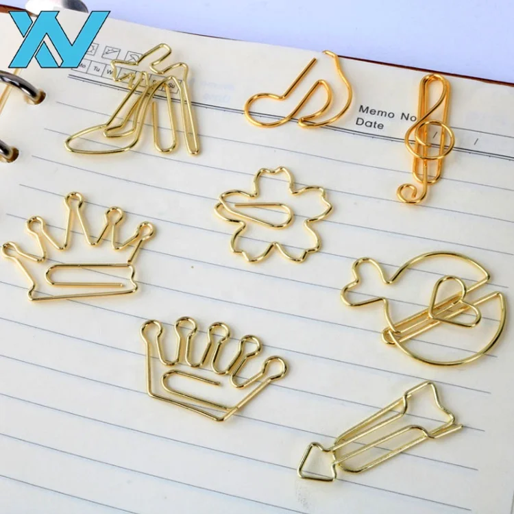 Golden color book shape paper metal clips office stationery.