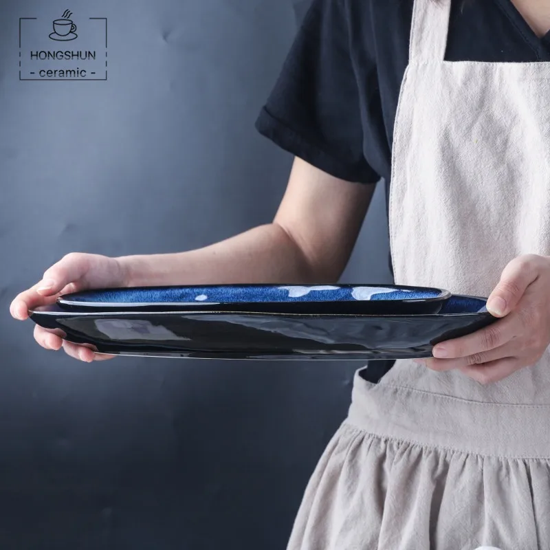 
Wholesale Classic Style Ceramic Reaction Glaze Blue Ellipse Oval Plate Porcelain Fish Cake Plate Charger Serving Plate 