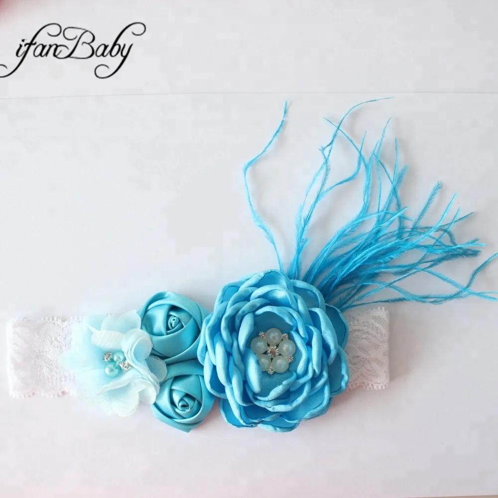 Girl Feather Lace Headband With Chiffon Flower Headband Rose Burn Flower Headband