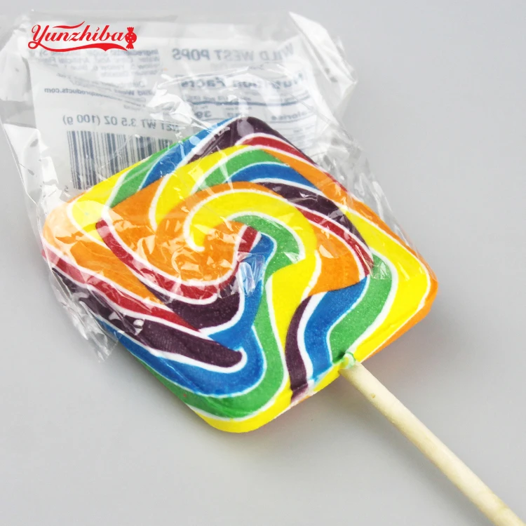 
Manufacturer Direct Sale Square Shaped Big Flat Swirl Lollipops With Rainbow Colors In Hard Candies 