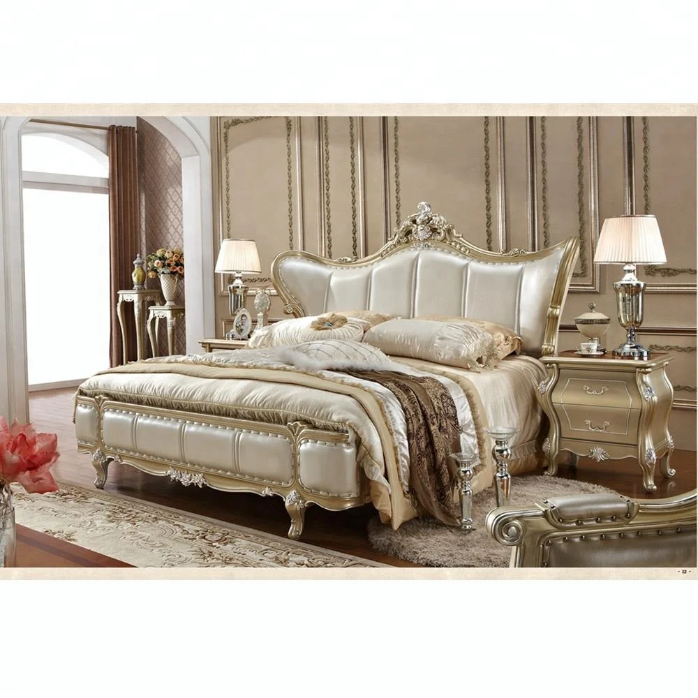 Classical style hand made carving champagne silver luxury king size bedroom furniture set