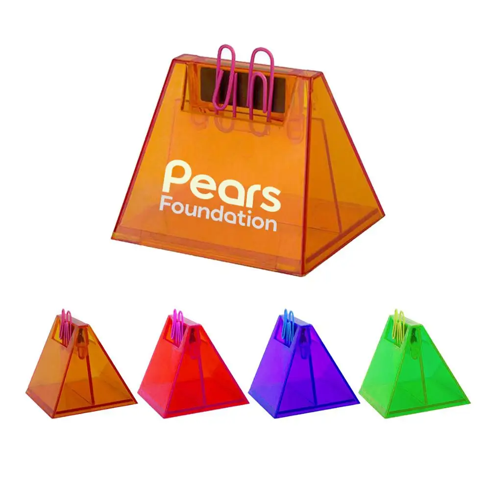 
New gift desk brand logo print slant triangle base trapezoid transparent built in magnetic plastic office paper file clip case 