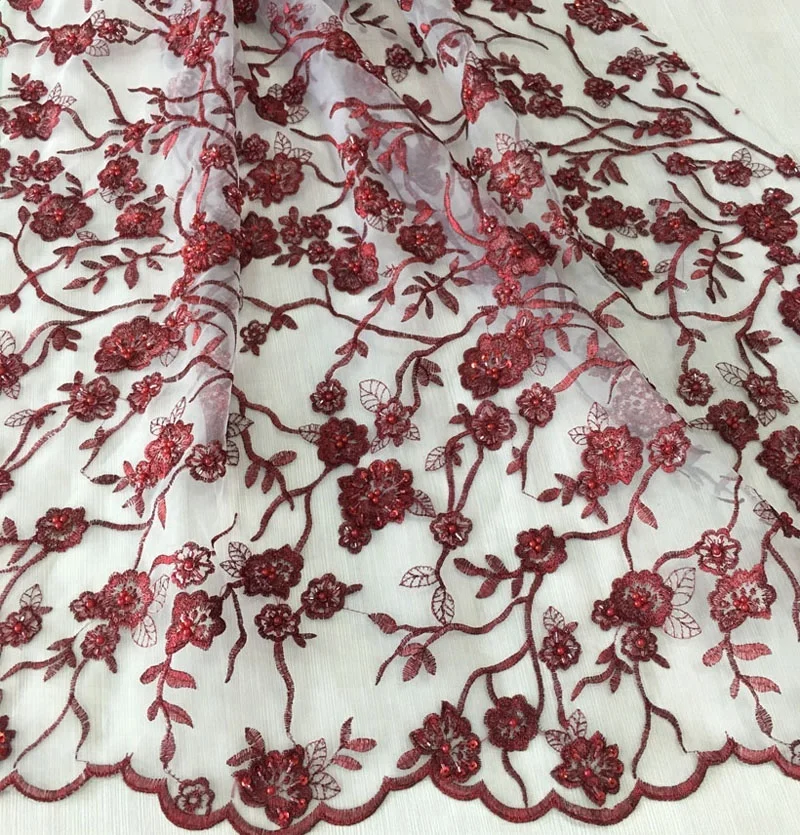 Топ модная красная вышитая ткань из органзы с ручной жемчужиной бисера кружевная по всему дизайну вышивки для платья или одежды