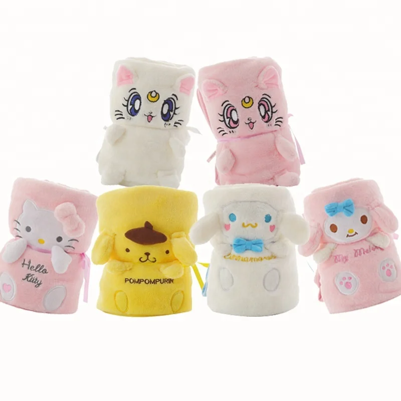 
Japanese Anime Cartoon Embroidery Baby Blanket Pompom Purin Luna Hello Kitty Melody 