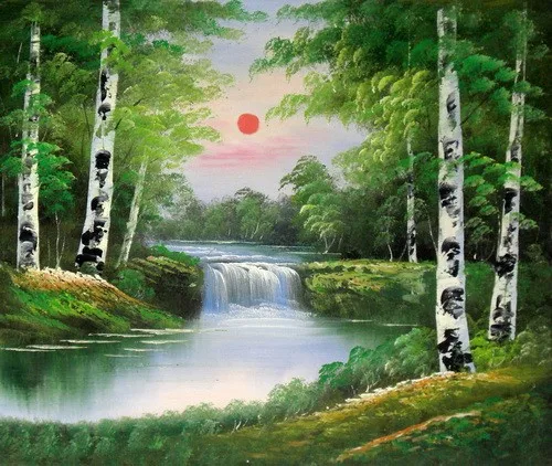 Artwork impressionist oil painting on canvas forest sunrise handmade home decor