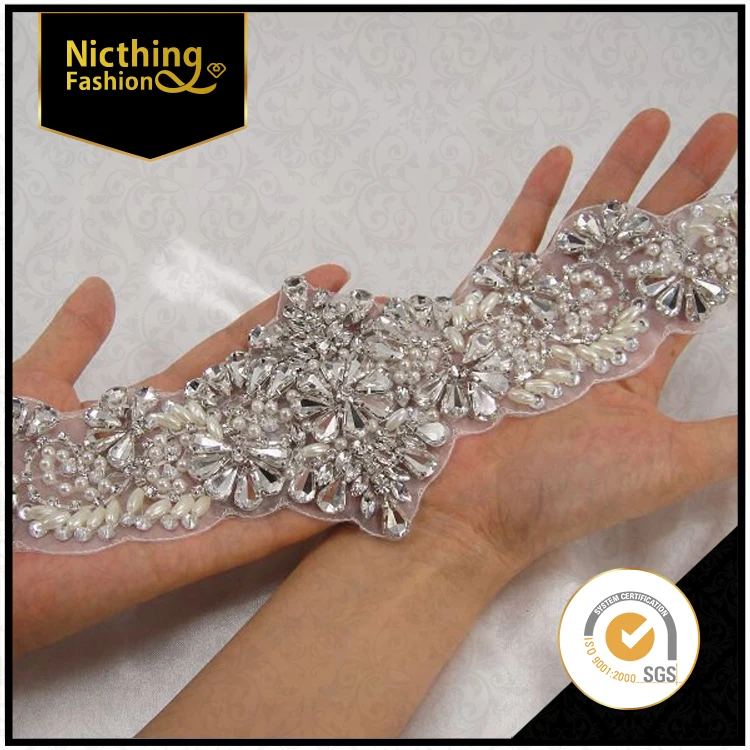 China Wholesale crystal embellishments rhinestone applique bridal sash belt beaded appliques for wedding dress NRA185