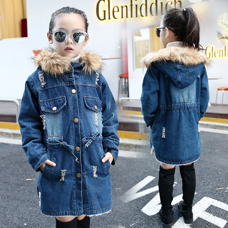 
Girls denim drawstring with hood thick lambswool winter jeans overcoat 