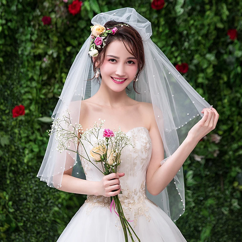 
Wholesale Hot Sale In Stock Beige Veils Bead Edge Tulle One-Layer Wedding Veil High Quality Soft Bridal Illusion veils 