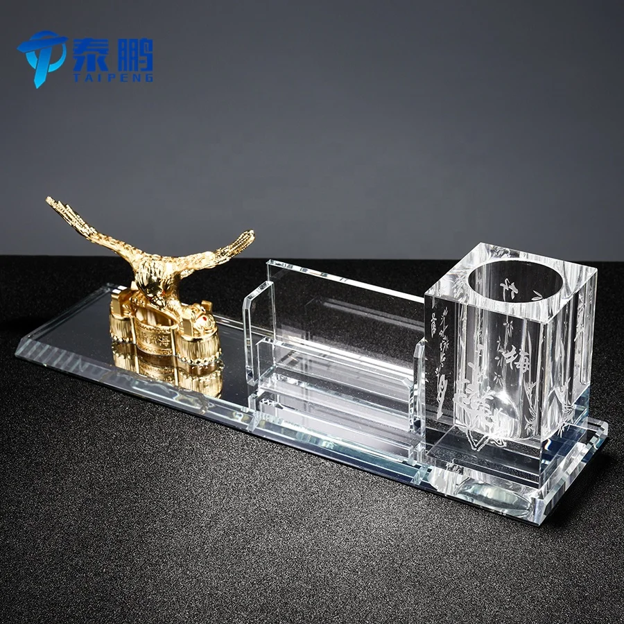 Gorgeous crystal desk set with gold plated glass eagle and engraving pen holder as business gift or decoration