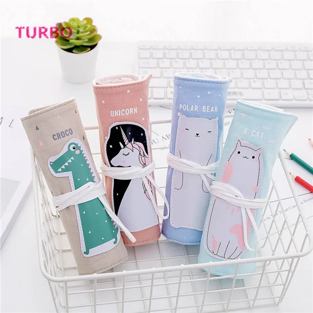 Multifunctional back to school stationery custom eco friendly large capacity cute animal design roll up pen bag pencil case