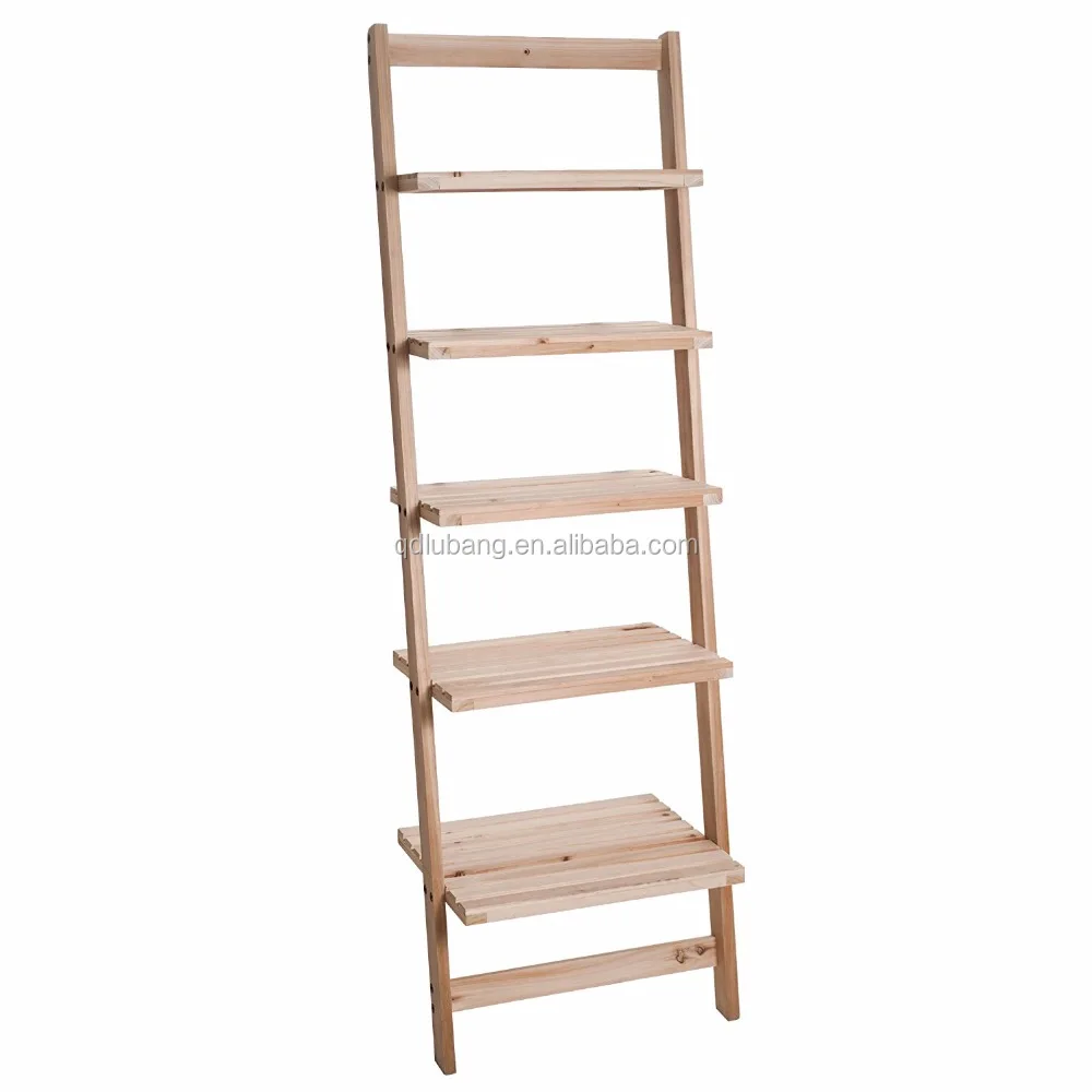 Book Shelf for Living Room, Bathroom, and Kitchen Shelving Home- 5-Tier Decorative Leaning Ladder Shelf- Wood Display Shelving