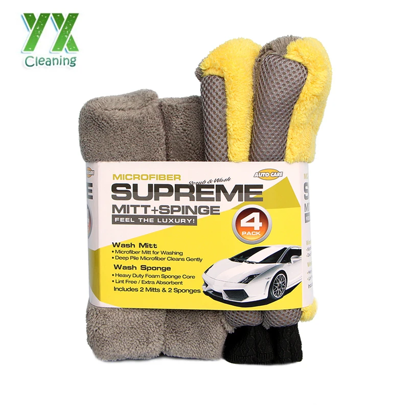 Microfiber wash mitt and care sponge pad car cleaning set