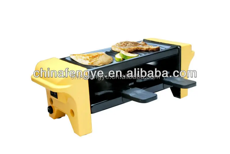 Electric raclette grill for 2 person use with nonstick plate or stone