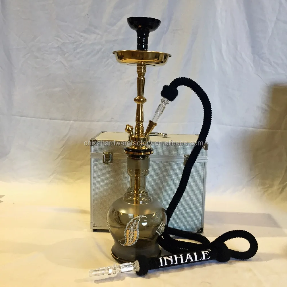 Solid brass shaft bohemia style handblown glass Hookah in suitcase