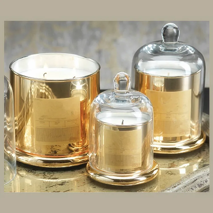high quality decorative round electroplated golden glass candle holder with glass domes