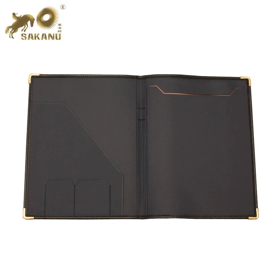 New Classic Black Leather Writing Pad Folio Brass Edges Portfolio Note Cover