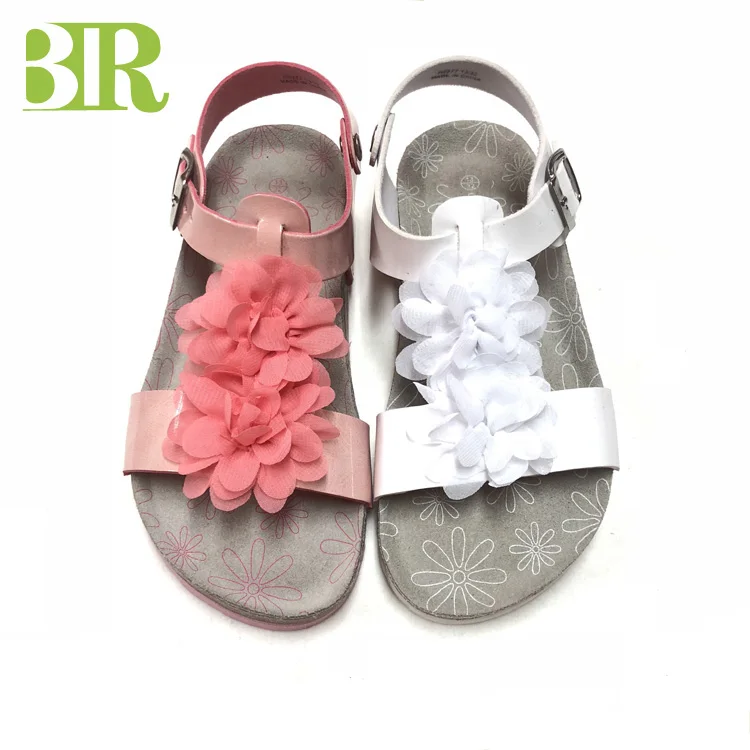 New design pu upper flower decorated cork sole girls sandals for children