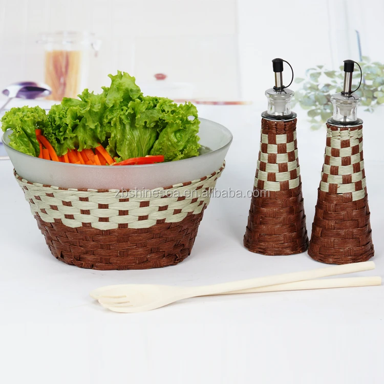 large mixing bowl glass set of 5 with wooden fork