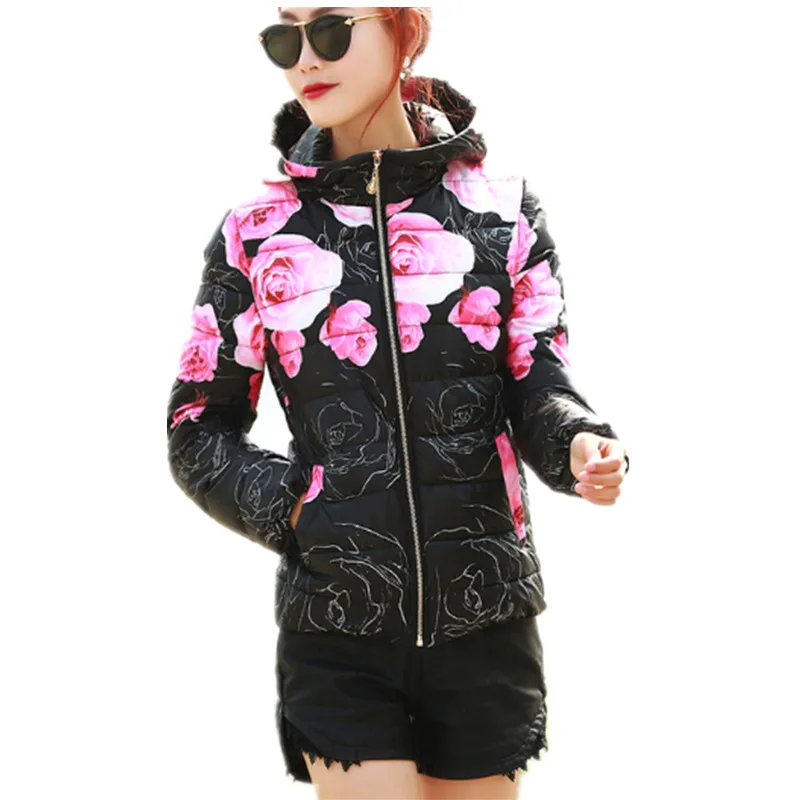 2016 New Fashion Women font b Winter b font Coat Long Sleeve Print Floral Hooded Slim