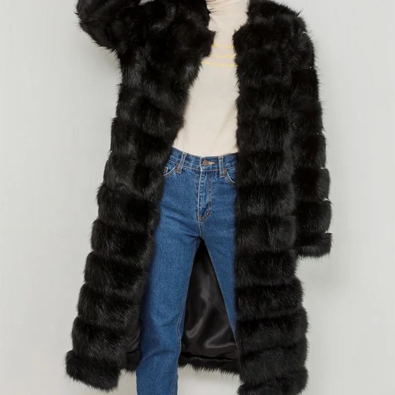 
Warm Winter Hot Sale Long Black Faux Fox Fur Coat 