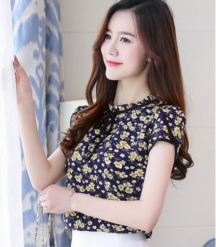Chiffon jacket spring and summer new dress sweet lace floral short-sleeved shirt blouse