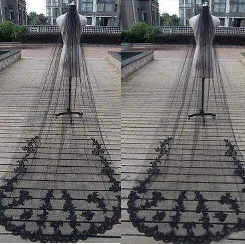 Bride to be Long Lace Appliques One Layer Black Veils Headpiece for Wedding Dress Bridal Gowns