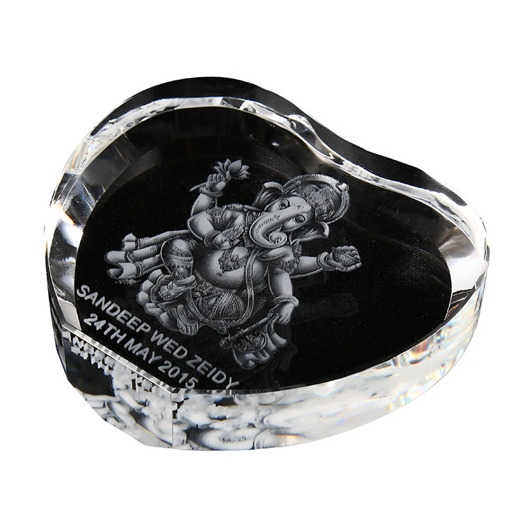 High Quality Heart Shape K9 Crystal 3D Laser Ganesha Crystal Figures