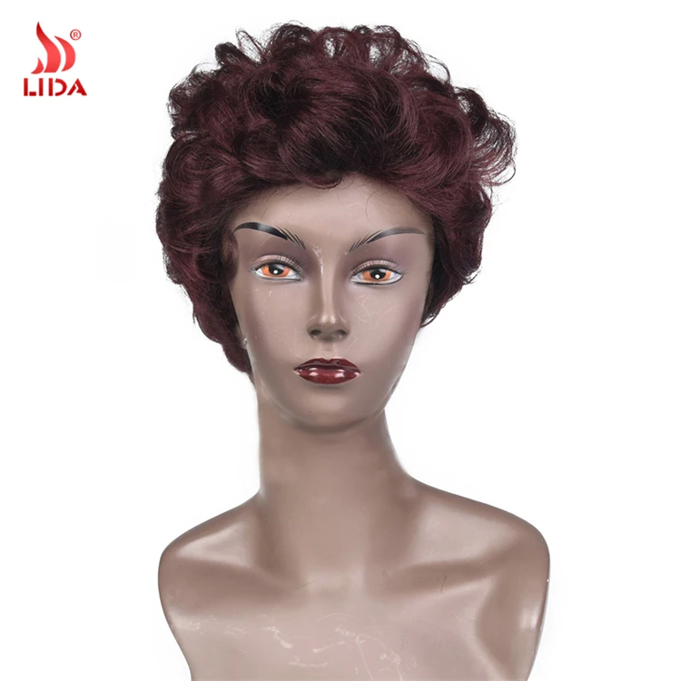 Lida synthetic Short Afro Curly Wine Red 99J# 4inch 6044 old lady Wig
