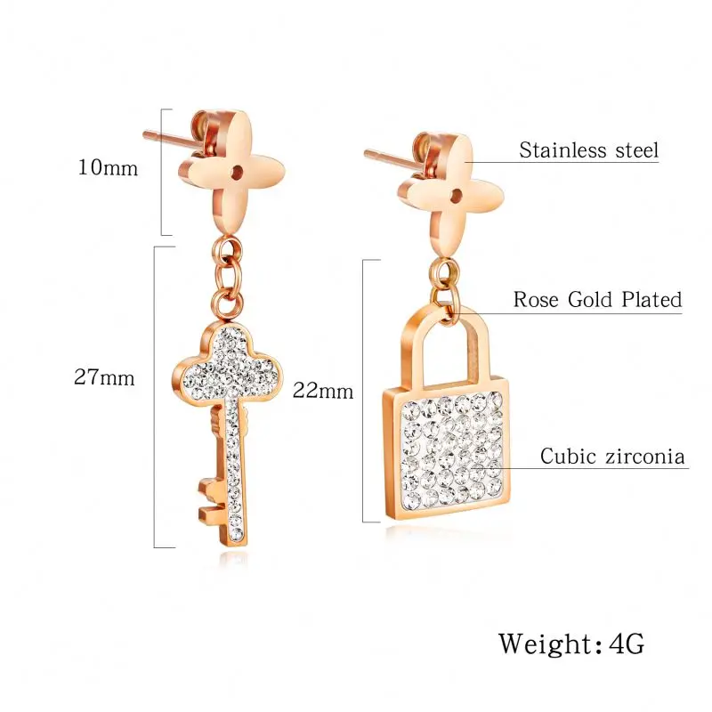 
Rose Gold Stainless Steel Titanium Zircon Lucky Four Leaf Clover Key And Lock Stud Earring 