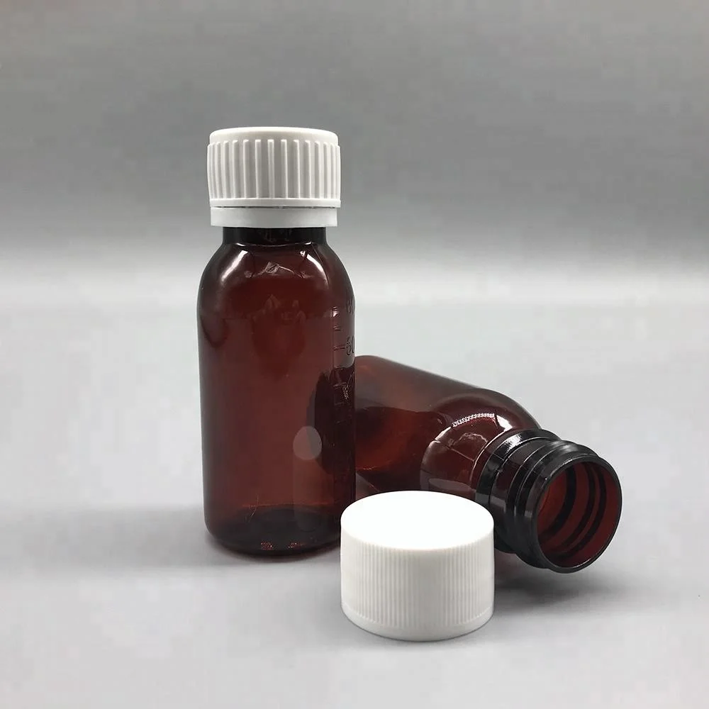 Medical Packaging 60ml amber plastic cough syrup bottle with striped cap