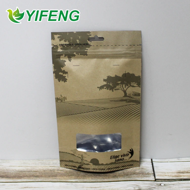 Ziplock Stand Up Pouch Kraft Paper Bags Doypack With Clear Window And Zipper