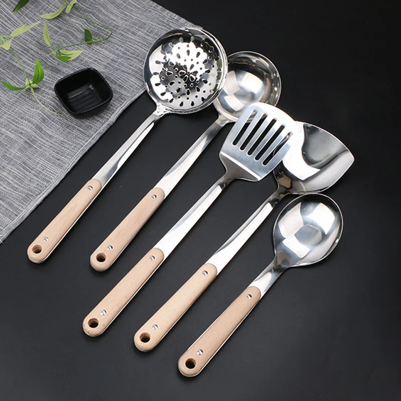 Juego De Utensilios De Cocina Cooking Tool Wooden Handle Ladle Stainless Steel Kitchen Utensil Set