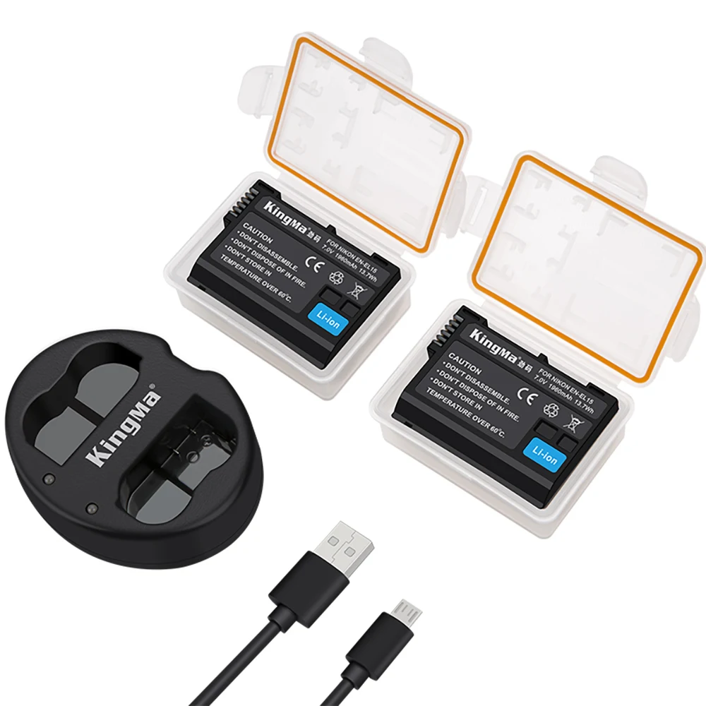 
KingMa 2 Pieces 1960mAh Replacement Li-ion Battery for Nikon EN-EL15 and Micro USB Dual Charger, for Nikon D800 D800 
