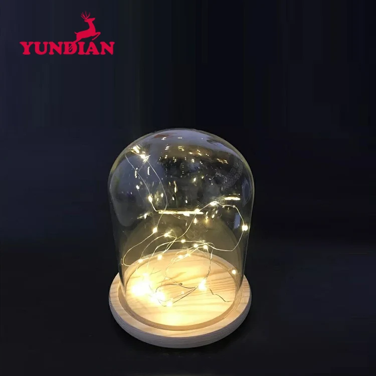 Wholesale Different Size Large Display Bell Cloche Jar Transparent Clear Glass Dome With Led Lights And Wood Base For Home Decor