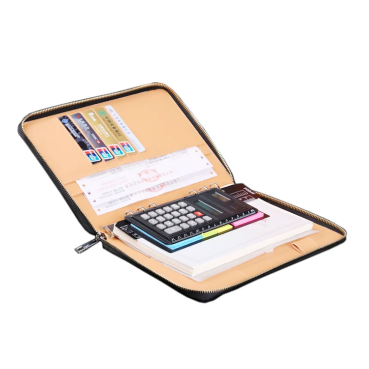 PVC faux leather zipper notepad portfolio with calculator