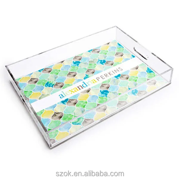 Luxury design large rectangular handled acrylic serving trays with insert promotional