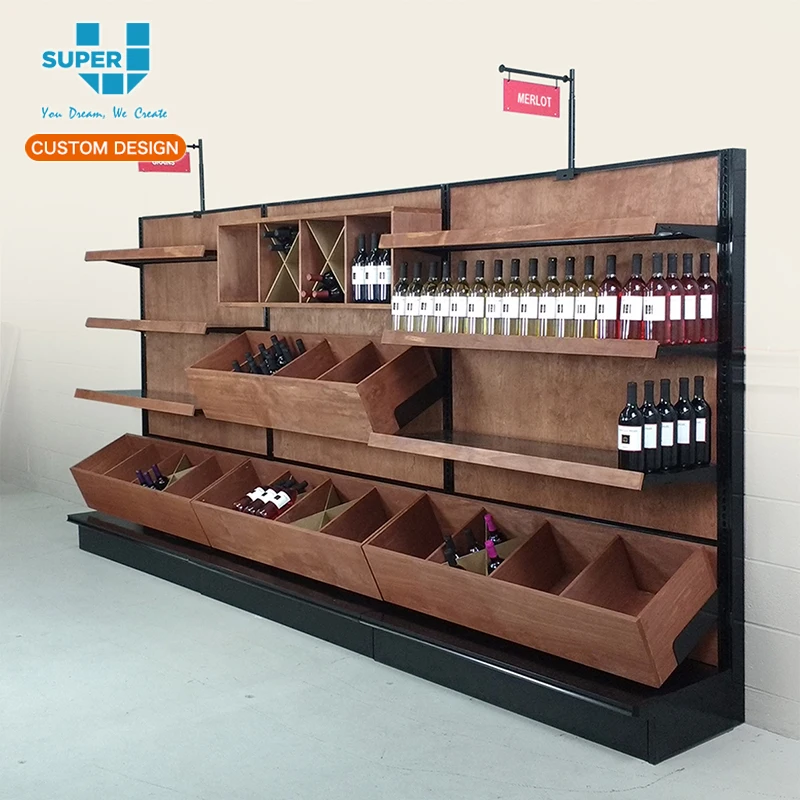 Завод Гуанчжоу, оптовая продажа по индивидуальному заказу, напольный стоячий дисплей, деревянный шкаф для вина, стеллаж для супермаркета