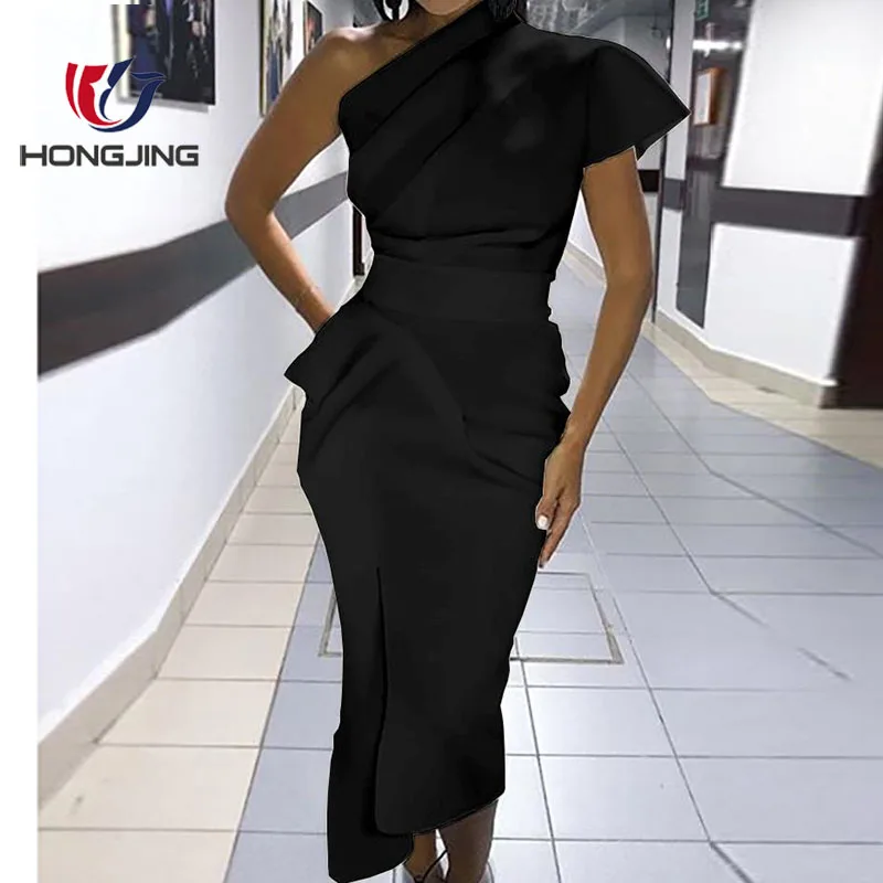 Women solid black polyester One Shoulder Ruched Irregular Party Dress  hidden side zipper closure pencil hem banquet  prom dress