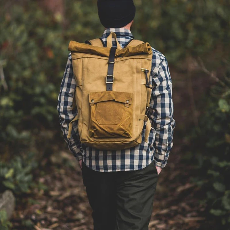 Vintage men cotton canvas rolltop backpack travel hiking rucksack