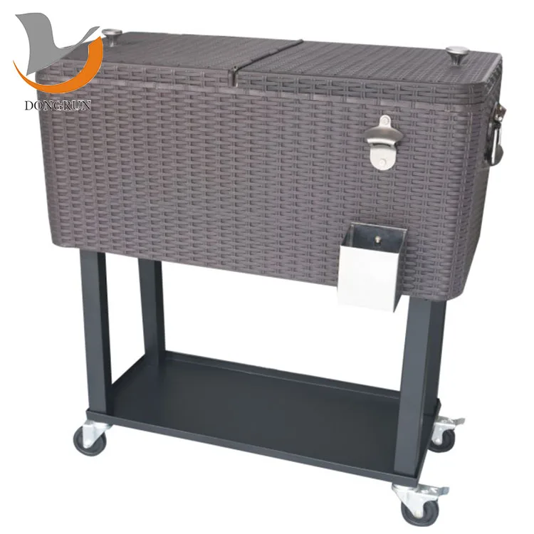 80Qt Rattan Patio Party Drink Metal Rooling Cooler Cart
