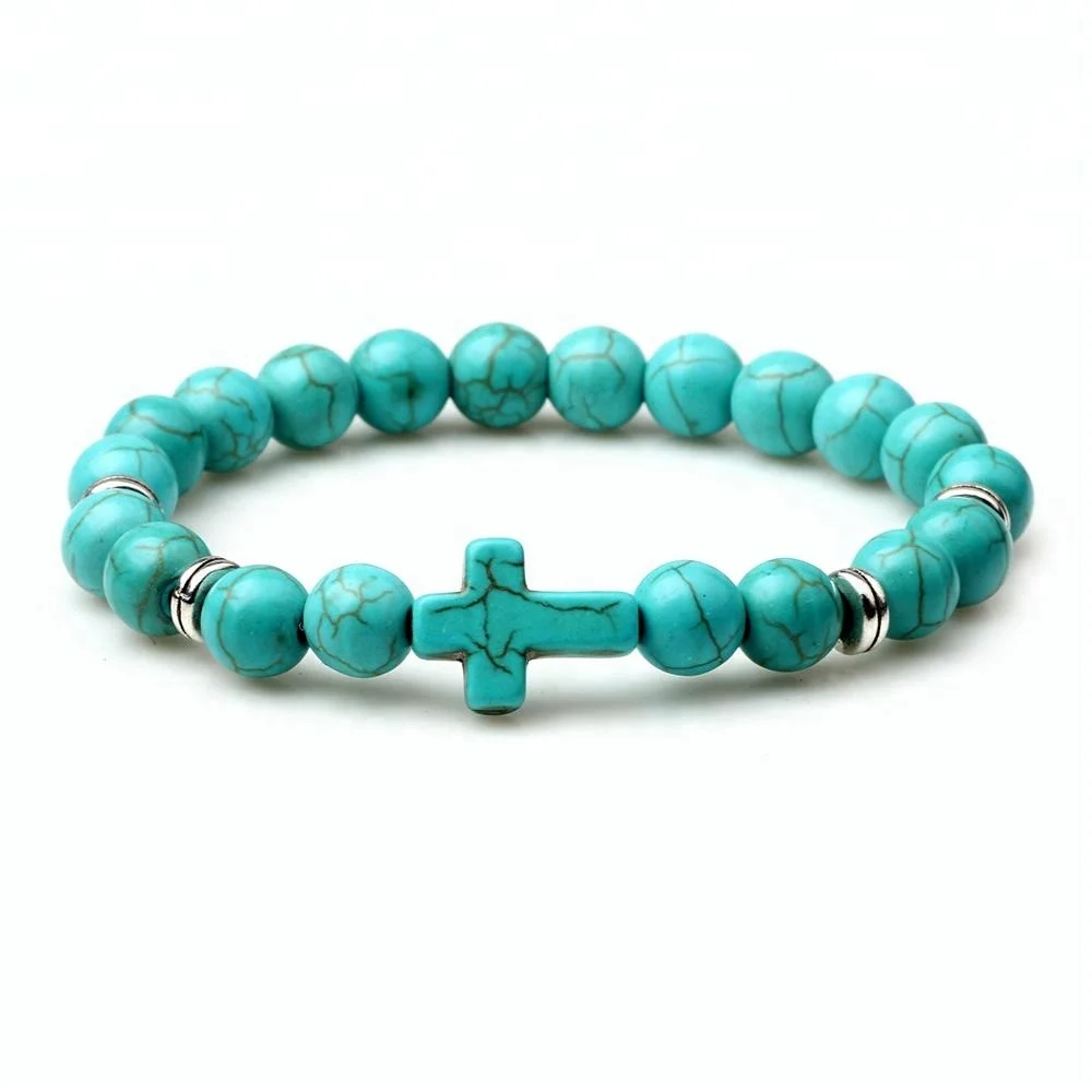 Fashion Acrylic Cross Turquoise Stones Agate Lava Stone Beaded Bracelet for women men