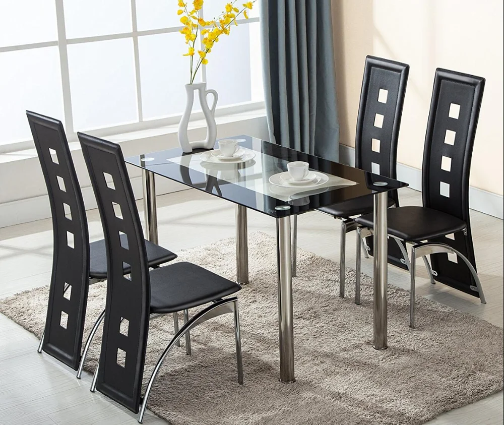 
Modern Furniture Glass Kitchen Dining Dinette Top Dining Set 6 Person Dining Table and Chairs Set 