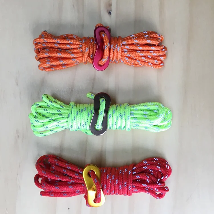 Double reflective guyline tent rope with guyline tensioner cord bent-runner