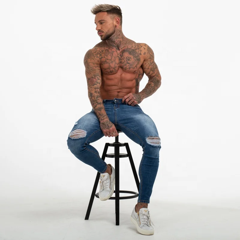 Gingtto New Arrival  Blue Ripped Damaged Mens Trousers Slim Fit Skinny Dropship Distressed Skinny Jeans Men