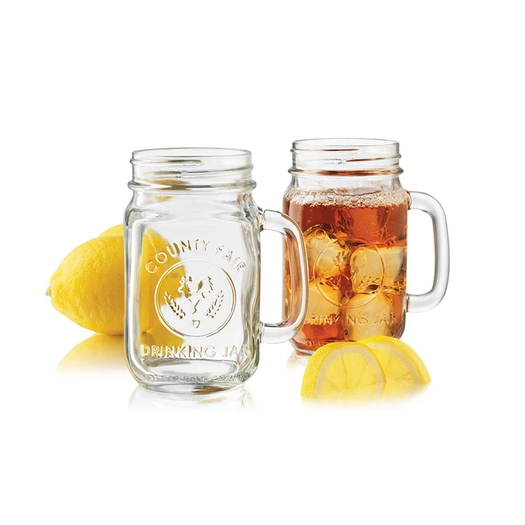 Factory Outlet 450ml 16oz Engraving Printed Empty Clear Drinking Cup Glass Mason Jar with Handle / lid / Straw