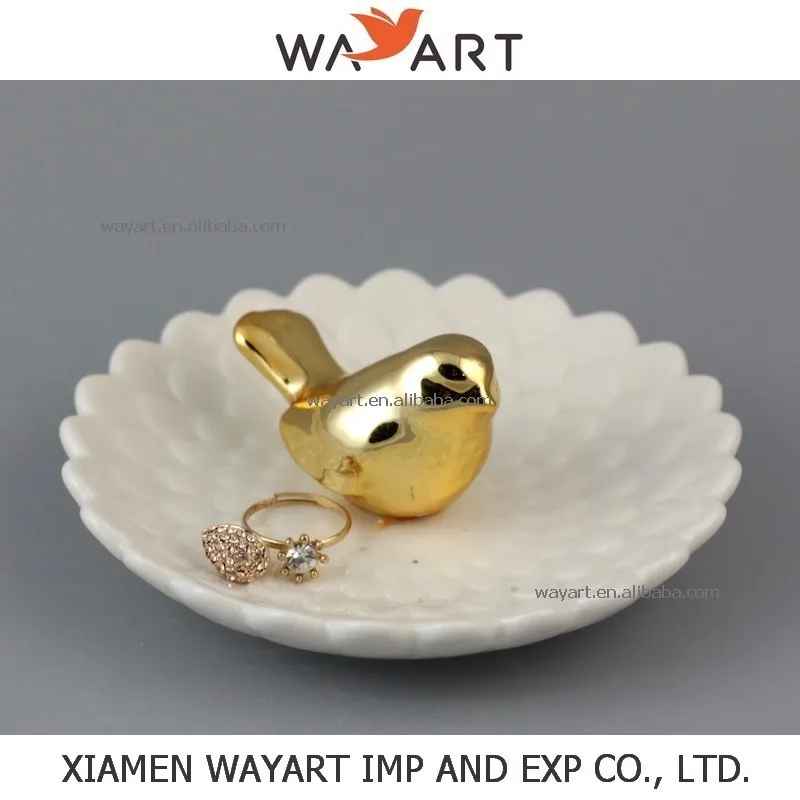 gold bird on flower jewelry dish trinket dish